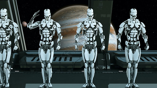 宇宙飞船上的机器人士兵在宇宙和行星的背景下敬礼  UFO 的未来派概念  3D 渲染车站相机动物安全多伴侣动画片飞船科学火星塑料图片