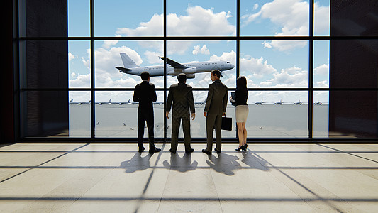 在机场说话的商务人士 旅行或旅行概念 3D招标管理人员运动成人套装男人休息室工作运输窗户男性图片