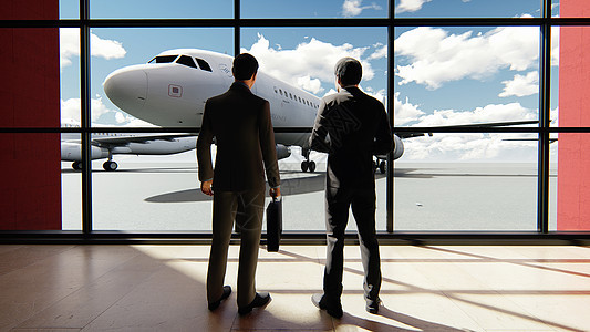 两名商务人士在机场交谈的时间过长 旅行或旅行概念 3D投标窗户飞机场工作飞机休息室大厅办公室行李航班男人图片