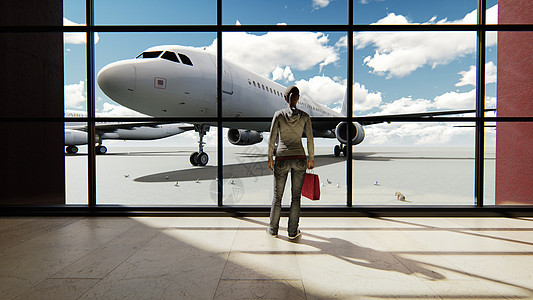 日出时站在机场窗户的一位观光女孩在看飞机的轮椅上站立旅行运输乘客假期女士运动行李航班成人渲染图片