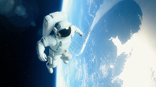 外层空间的宇航员正在地球上空飞过3D层蓝色重力旅行男人环境行星月亮航班世界宇宙图片