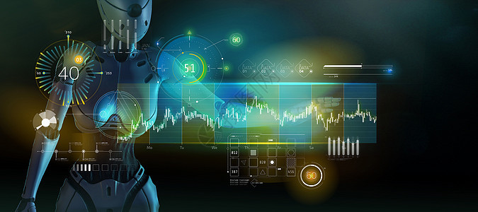该机器人在一个全息板上与股票数据合作 3D Made全息电子人推介会投影交换小说科学报告库存投资图片