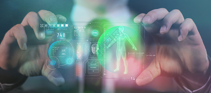 具有人的数据的未来设备图板的小组 3D男人商业研究技术程序扫描电脑数组鉴别身体图片