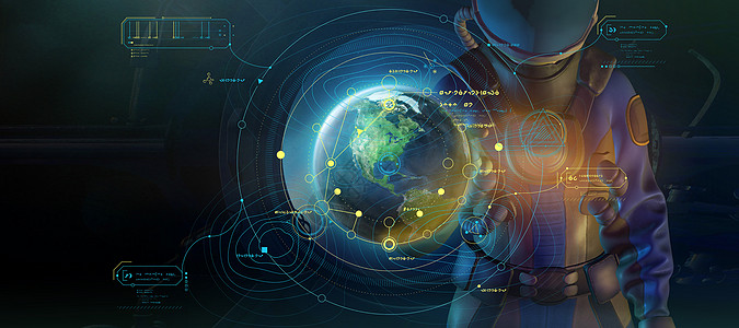 人与地球与一个身着太空服和信息图的男人一起的绝妙海报 3D Mature外星人科学投影星际地球太空人研究技术宇航员数组背景