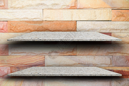 空的前两个架子抛光石材和模糊砖墙背景 对于带有复制空间的产品展示 请添加 tex图片