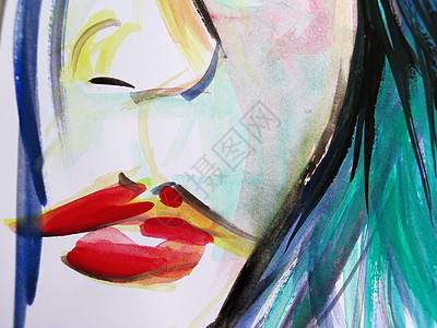 美丽的女人嘴唇抽象水彩画印迹手绘墨水口红艺术手工头发艺术品工艺化妆品图片