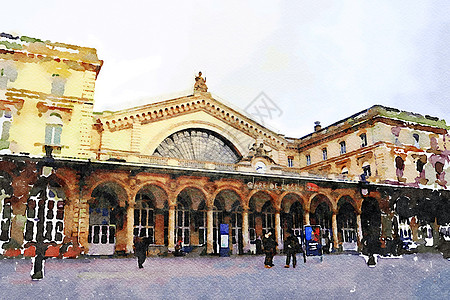 巴黎Est车站Gare de l'Est台的水彩图片