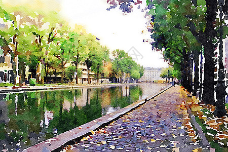 罾在巴黎塞纳运河上散步建筑学度假者观光卡片码头插图旅行城市邻里首都背景