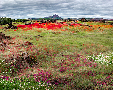 冰岛Reykjahlid镇Myvatn湖和Hverfjall火山及Krafla火山附近熔岩场的全景 夏季天空环境岩石场景自由旅行图片