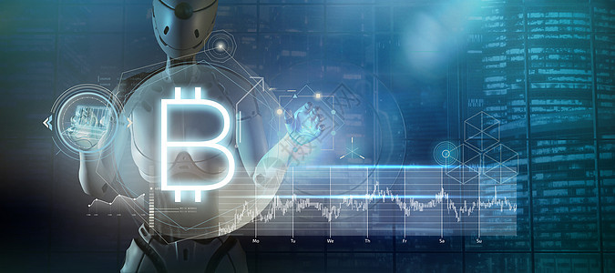 带有机器人的关于比特币和加密的抽象海报 3D投影全息推介会交换界面电子人小说电脑货币技术图片