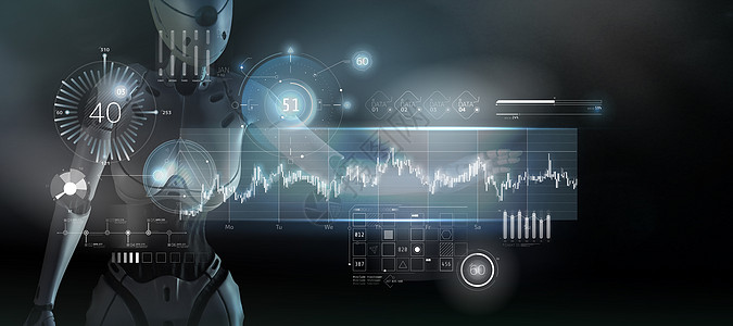 该机器人在一个全息板上与股票数据合作 3D Made小说技术科幻电脑投资推介会电子人报告货币界面图片