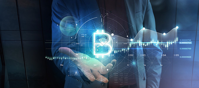 Bittcoin 信息地理图在男人手掌上的虚拟投影 3D全息贸易商业交易界面显示器套装市场交换利润图片