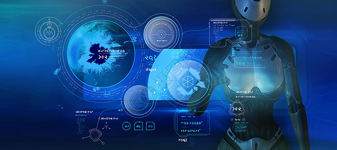 带有外星信息图和人形机器人的绝妙海报 3D Made行星宇宙小说数组研究轨道扫描投影界面科幻图片