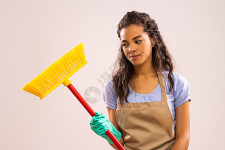 专业女佣手套服务围裙女孩成人扫帚清洁工家庭主妇头发家务图片
