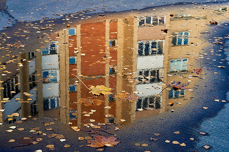 建筑物反映在水坑中 满是落叶的石膏和木板建筑公寓风景房子街道天空垃圾沥青天气桦木图片