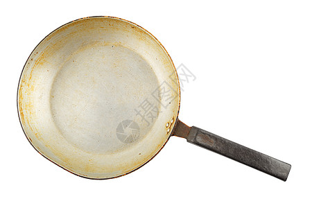白底隔离的烧焦脂肪 旧彩色铝板平底餐具炒锅厨具圆圈乡村烹饪金属用具煎锅图片