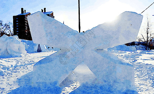 代表城市公园内冰雕的水彩花色冰糖水晶卡通片插图蓝色乐趣下雪艺术上帝冻结图片