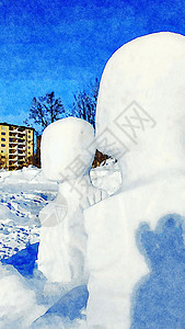 代表城市公园内冰雕的水彩花色下雪雪人男人黏土乐趣假期上帝蓝色寒意插图图片
