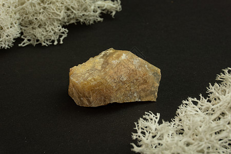 来自马达加斯加的玉髓 黑色背景上的天然矿物石被苔藓包围 矿物学地质学魔法半宝石和矿物样品 特写微距照片图片