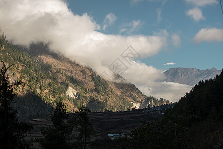 尼泊尔山脉沿安纳普尔纳环路岩石森林旅游村庄自由旅馆丘陵农民假期种植园图片