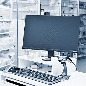 收银台  药房的电脑和显示器 药物和维生素商店的内部 用于健康和健康生活方式的药物和维生素制药顾客监视器架子疾病医生保健货架卫生图片