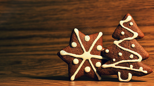 圣诞树和雪花 美丽的圣诞糖果 手工装饰 自制的姜饼饼干芳香烘烤木头装潢食物假期季节装饰品卡片图片