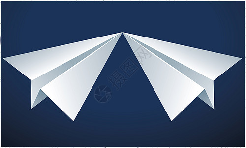 抽象蓝色背景上的两架纸飞机碰鼻子图片
