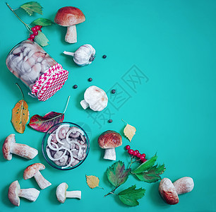 蓝底蘑菇和清新蘑菇蔬菜美味植物香料桌子蓝色收成烹饪水罐树叶图片