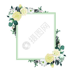 带复制空间的花卉方形花圈框架模板艺术墙纸庆典卡片横幅花园水彩插图问候语玫瑰图片