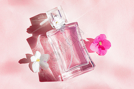 香水瓶和粉红色背景的花朵 闻闻 阿洛玛治疗 粉色紫罗兰 复制空间图片