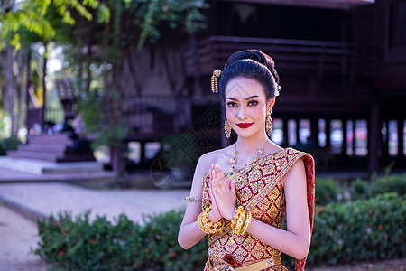 美丽的女人 泰国民族服装 传统的泰国服饰 泰国女人 好心情 美丽的微笑背景  带有噪音和颗粒的图像历史戏服宗教女孩艺术裙子丝绸舞图片