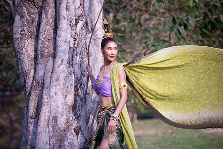 美丽的女人 泰国民族服装 传统的泰国服饰 泰国女人 好心情 美丽的微笑背景  带有噪音和颗粒的图像戏服旅行丝绸舞蹈金子艺术成人佛图片