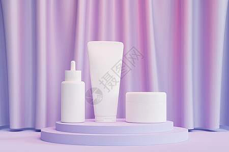 化妆品滴瓶 乳液管和奶油罐的样机 或在带粉红色灯光的蓝色讲台上做广告 3d 插图渲染图片