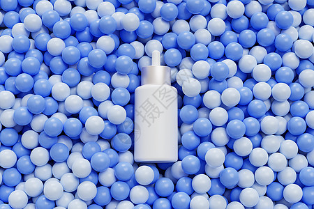带有用于化妆品或广告的血清的模拟白色滴管瓶位于蓝色球或球体上 3d 抽象 rende图片