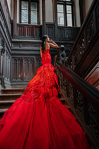 红色楼梯古老的红衣旧衣服 城堡美丽美丽的公主 穿着诱人服装红色童话女性舞会女王古董化妆品戏服魅力楼梯背景