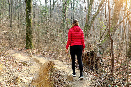 女青年在秋冬穿着红色夹克 独自走在森林路边的青春小路女性女孩流浪公园途径羽绒服绑腿外套木头图片
