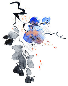 布花树分支水彩水滴罪恶墨水艺术手绘花序绘画印迹花瓣图片