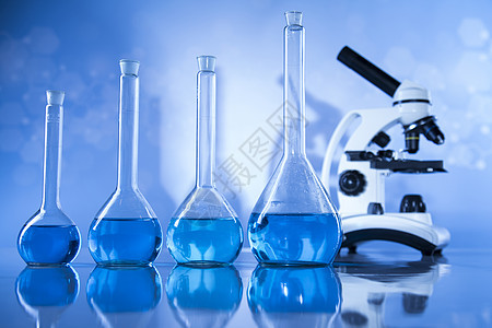 显微镜 实验室玻璃箱 科学实验测试生物学药品化学实验室员药店玻璃器皿医疗蓝色图片