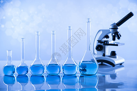 实验室水箱 科学实验 蓝底植物反射液体蓝色管子插图显微镜玻璃技术烧瓶药品图片