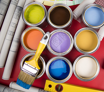 油漆罐和画笔彩虹色房子工作风格打印墨水彩虹液体团体绘画艺术图片
