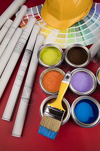 有画笔的五颜六色的油漆罐头金属染色工具家务维修打印液体家庭作业装修绘画图片