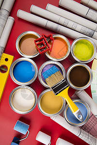 油漆罐和画笔彩虹色彩虹墨水刷子工作艺术家务瓶子团体打印调色板图片