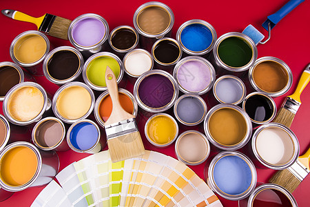 有油漆和刷子的锡罐地面打印用具染色装修装潢维修画笔家庭作业房子图片