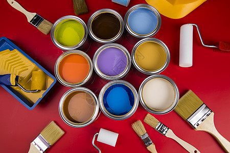 油漆罐和画笔彩虹色装饰调色板瓶子艺术墨水打印刷子团体工作绘画图片