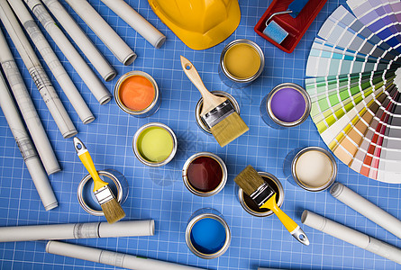 五颜六色的油漆罐液体用具打印装潢家务刷子工具家庭作业地面车轮图片