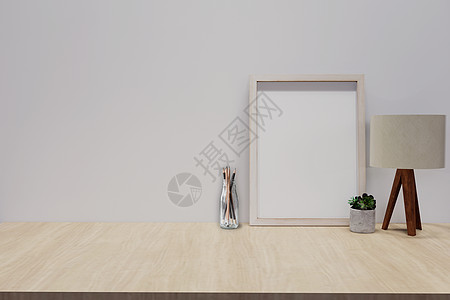 带相框的木桌和最小的圆形花瓶 白色墙壁上有装饰性的树枝  3D渲染图片