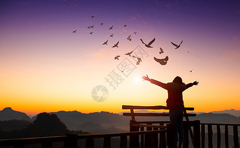 女孩在山顶和日落上举起手来 鸟儿在天空中飞翔 自由旅行冒险概念图片