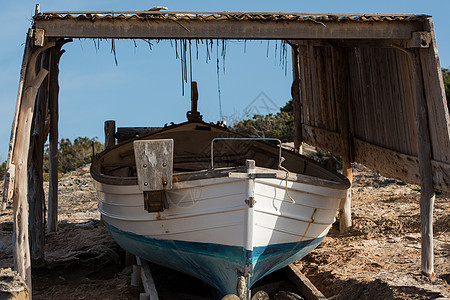 在西班牙福尔门特拉的伊列提斯海滩上 渔民的船太阳假期蓝色橙子旅行钓鱼荒野海洋海滩日落图片