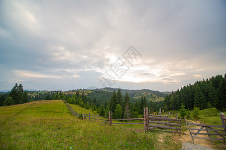 山丘纯自然乡村景观 木原木围栏冒险农村旅行天空风景森林草地场地岩石云杉图片