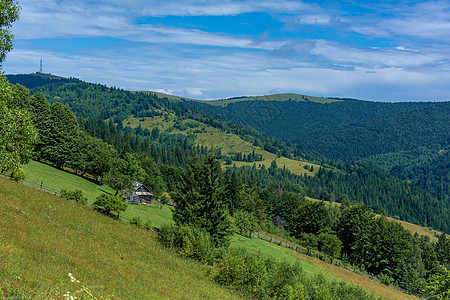 Karpaty山中美丽的村庄夏季风景卡帕蒂山国家农场场地别墅场景小木屋天空住宅草地顶峰图片